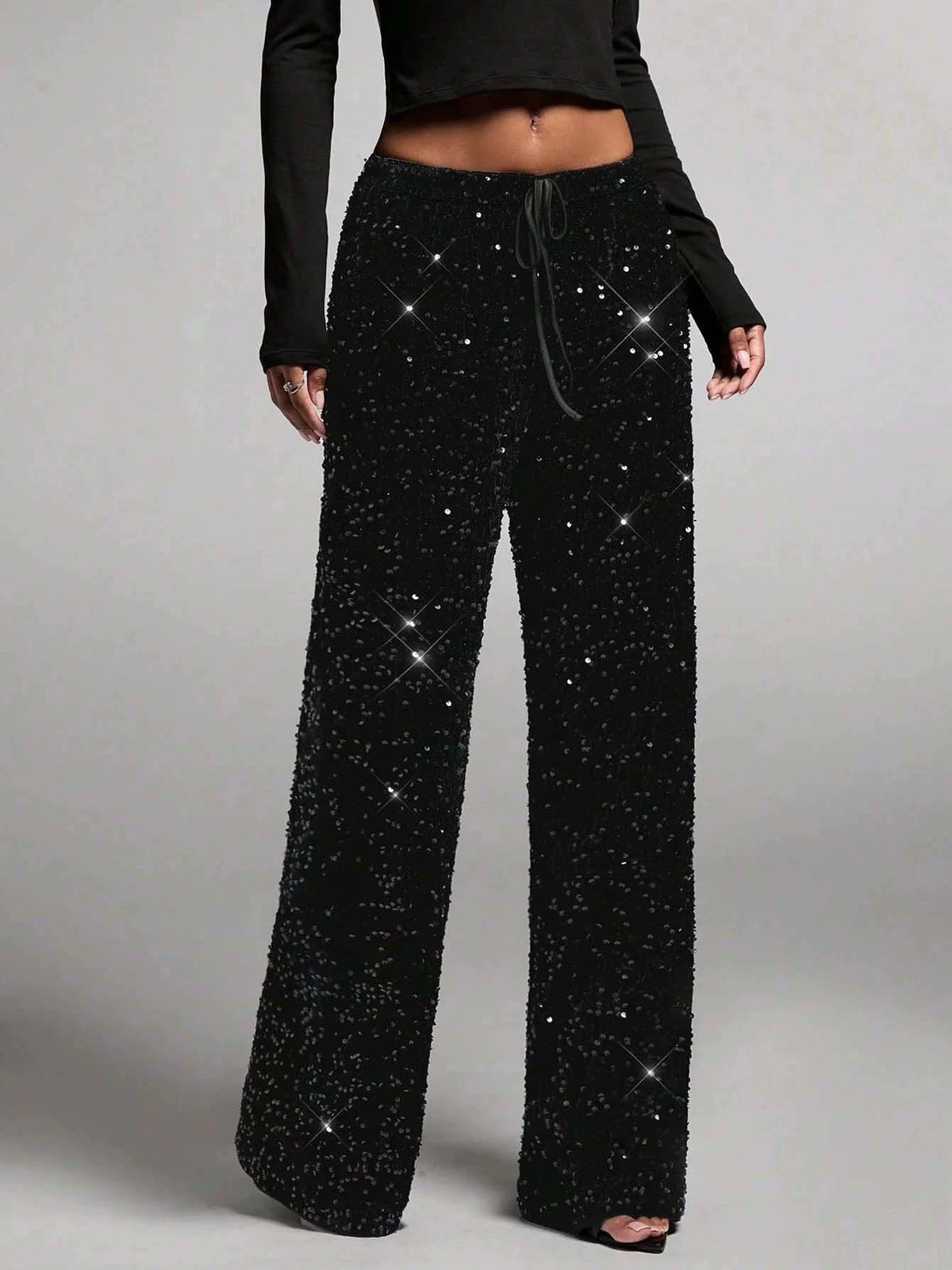 Pantaloni da donna in stile euro-americano con paillettes, coulisse alla moda, effetto snellente, nuovi, elastici, a gamba dritta.