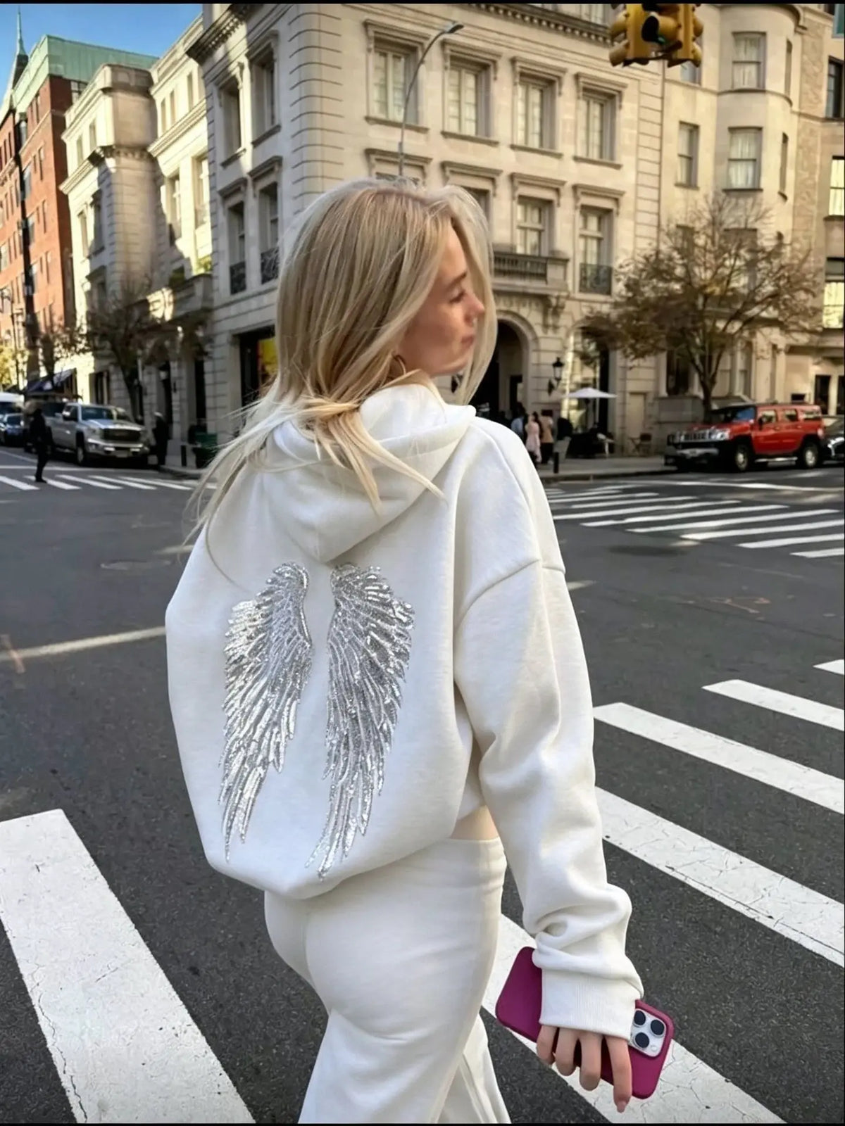Felpe con Cappuccio da Donna con Stampa Ali d'Angelo in Paillettes, Maniche Lunghe, Tinta Unita, Stile Casual, Nuova Collezione 2025, Abbigliamento Streetwear Y2k