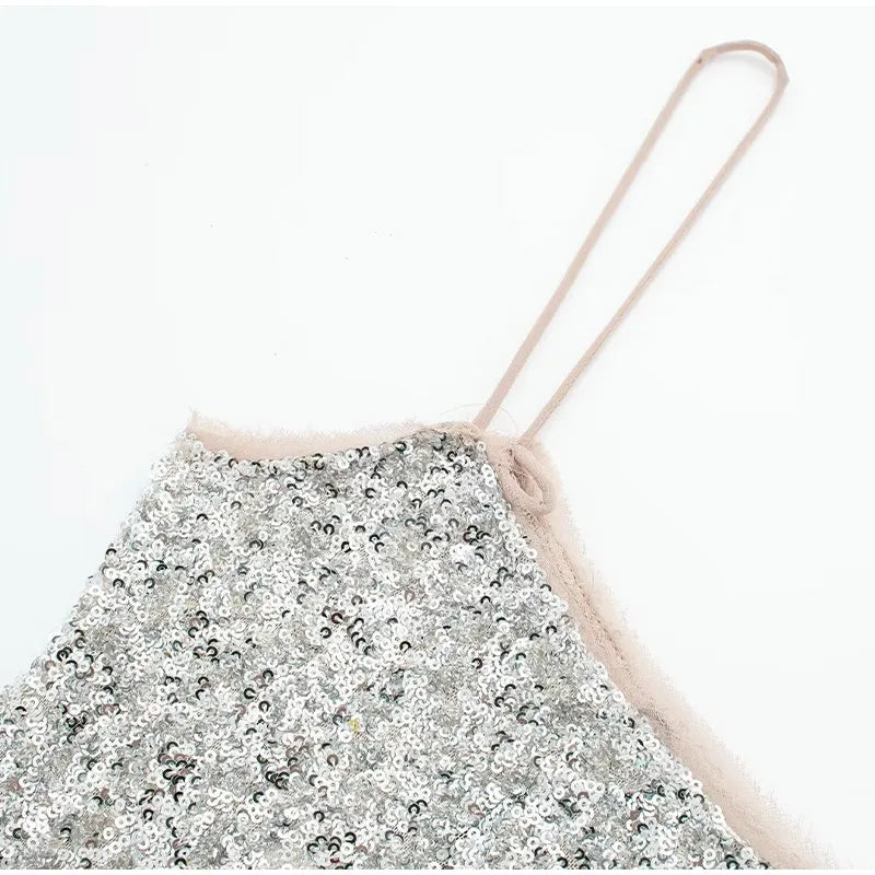 Elegante Abito con Paillettes da Donna Primavera Estate 2026, Vestito Senza Maniche con Scollo a Barca, Abito da Festa Scintillante, Dolce Abito da Ufficio Argento