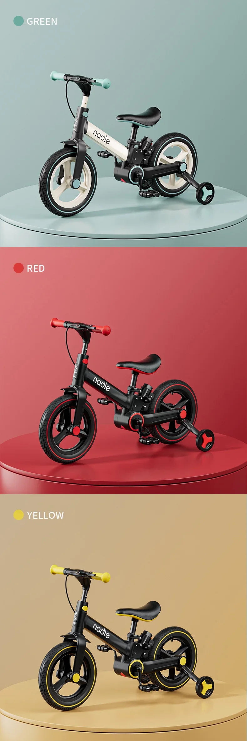 4-in-1 Kids Balance Bike with Training Wheels & Push Handle, Lightweight Foldable Toddler Bike for 2-6 Years Old Boys Girls