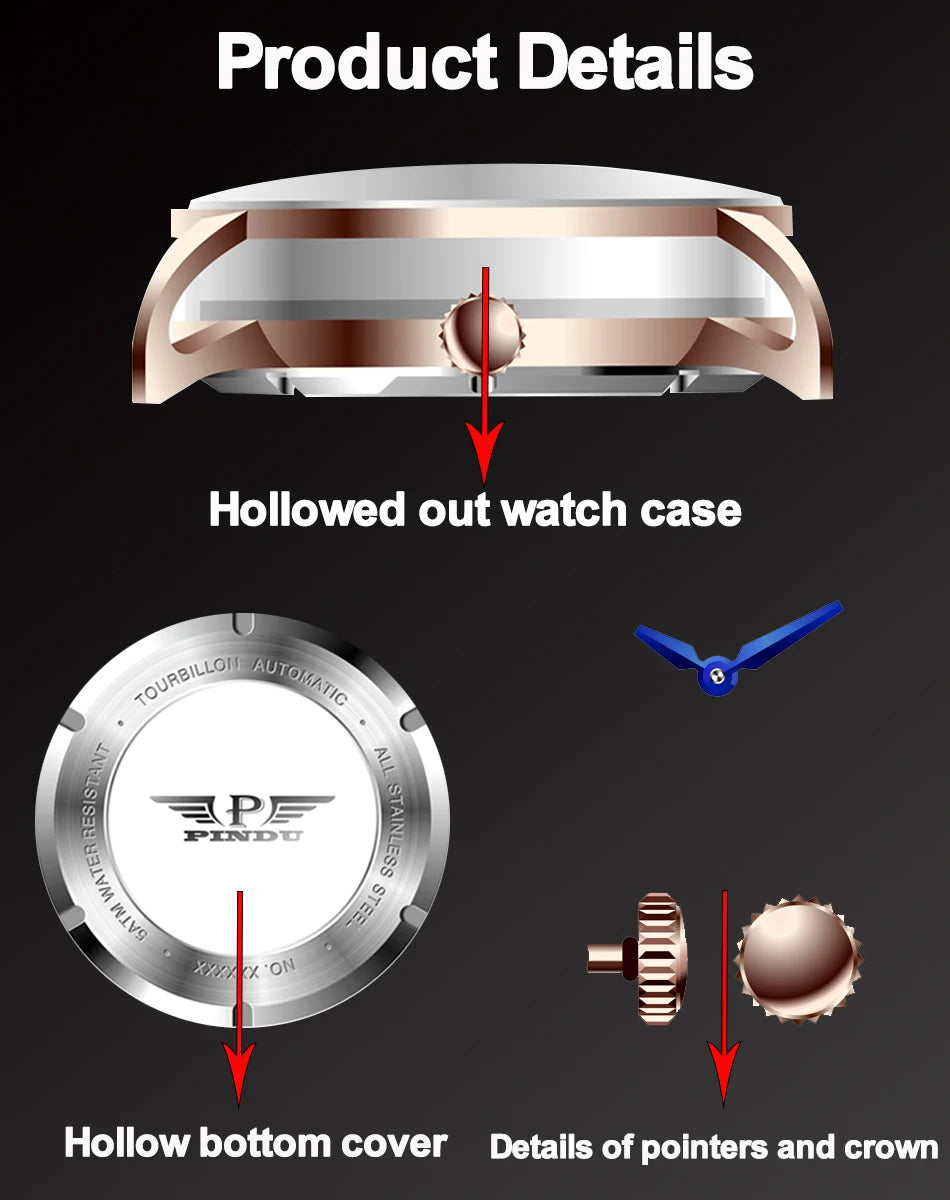 PINDU Design Nuovo Orologio Meccanico di Lusso da Uomo in Acciaio Inossidabile con Vetro Zaffiro Movimento M2791B Impermeabile 50M Automatico