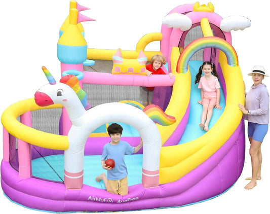 Inflatable Bounce House 5 in 1 Unicorn Wide Slide Jumping Castle for Kids Backyard Ball Pit Climbing Wall Basketball Hoop