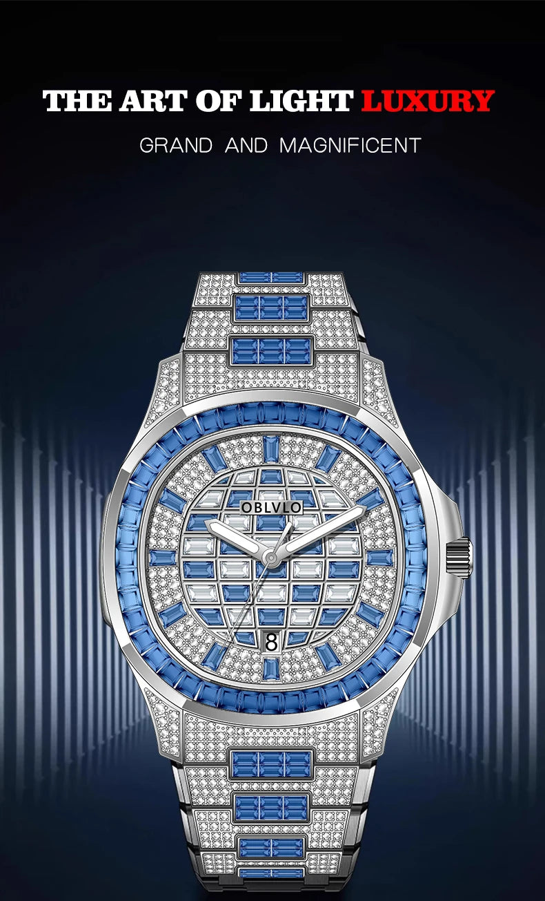 Orologio Quadrato di Lusso da Uomo OBLVLO con Movimento Meccanico Automatico, Diamanti Rosa, Cinturino in Silicone, Impermeabile FM-DSL