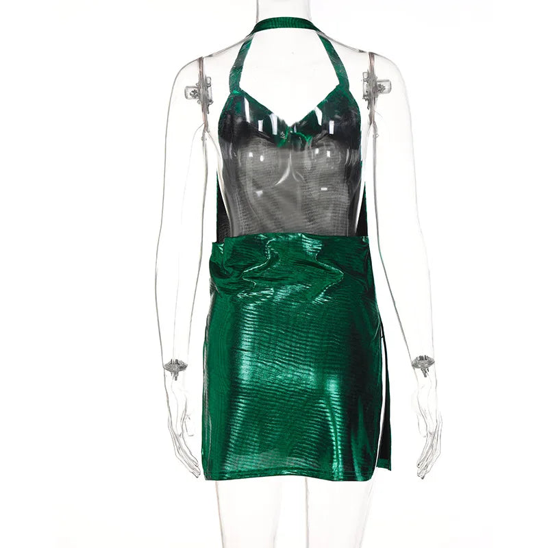 Abito corto elegante da donna sexy e alla moda con collo appeso, fondo senza schienale, abito da ballo per ragazza da festa con paillettes sul petto