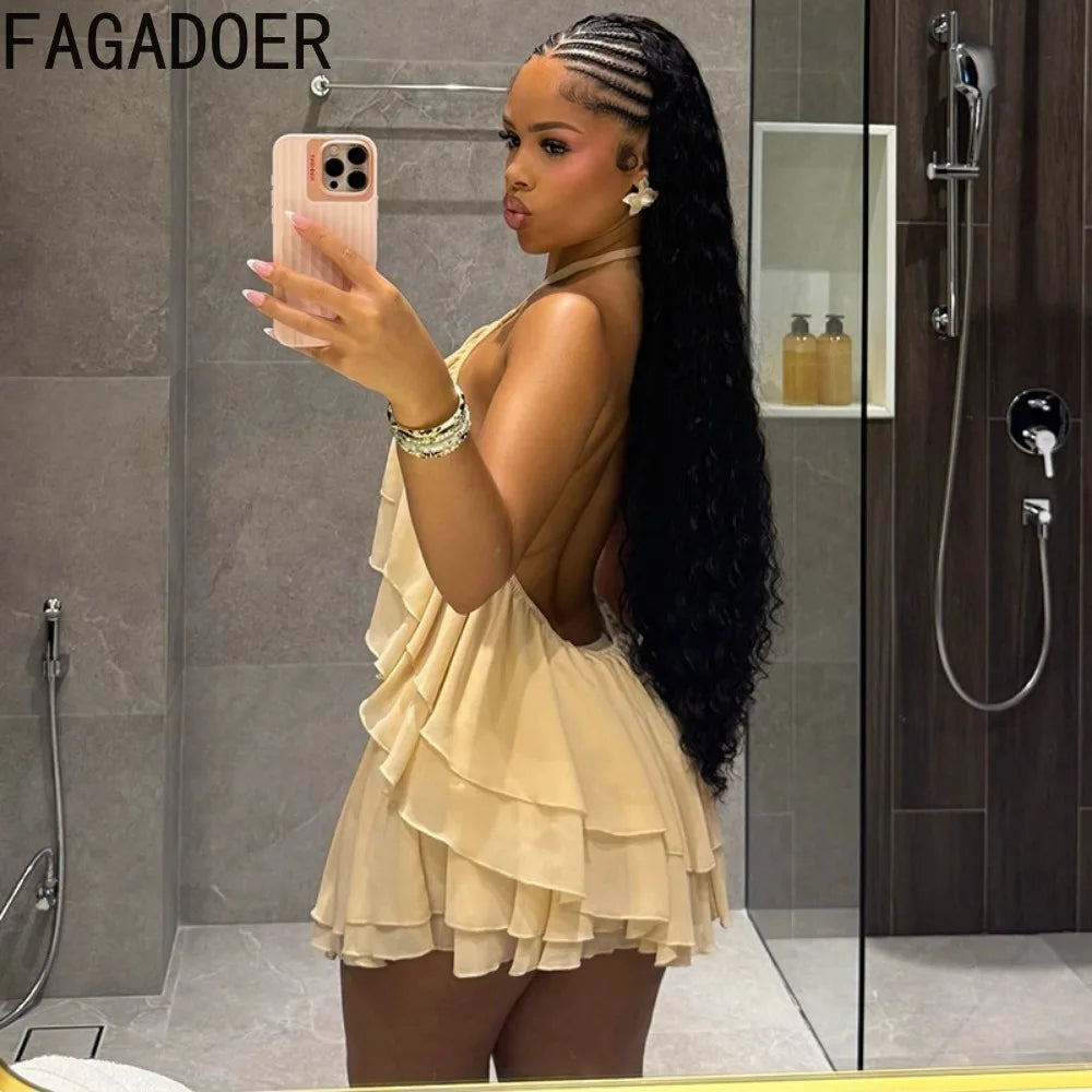 FAGADOER Completo da Donna Sexy con Volant e Collo all'Americana, Top Corto e Minigonna Senza Schiena, Outfit Estivo per Vacanze al Mare e Feste in Spiaggia