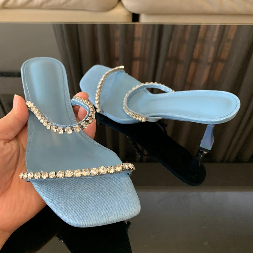 Denim blu strass tacchi alti donna muli Peep Toe moda pantofole Casual diapositive signore sandali con tacco scarpe estive