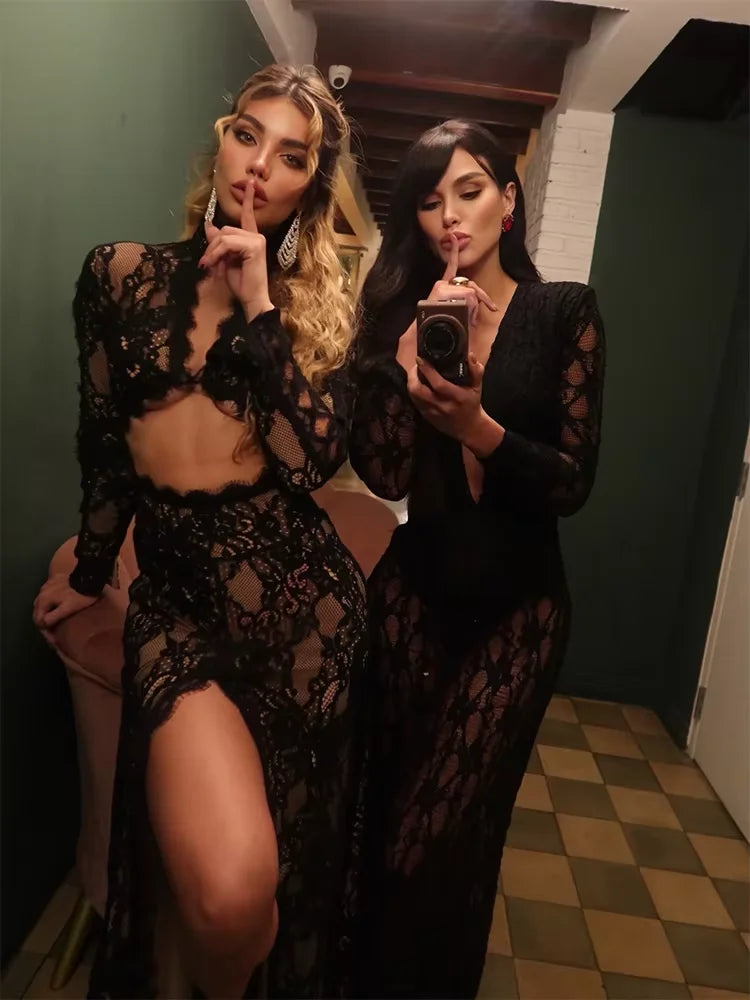 Huhugirl Abiti lunghi da donna in pizzo, traforati, tinta unita, sexy, a maniche lunghe, con spacco, alla moda, con colletto rialzato, stile street, casual da donna