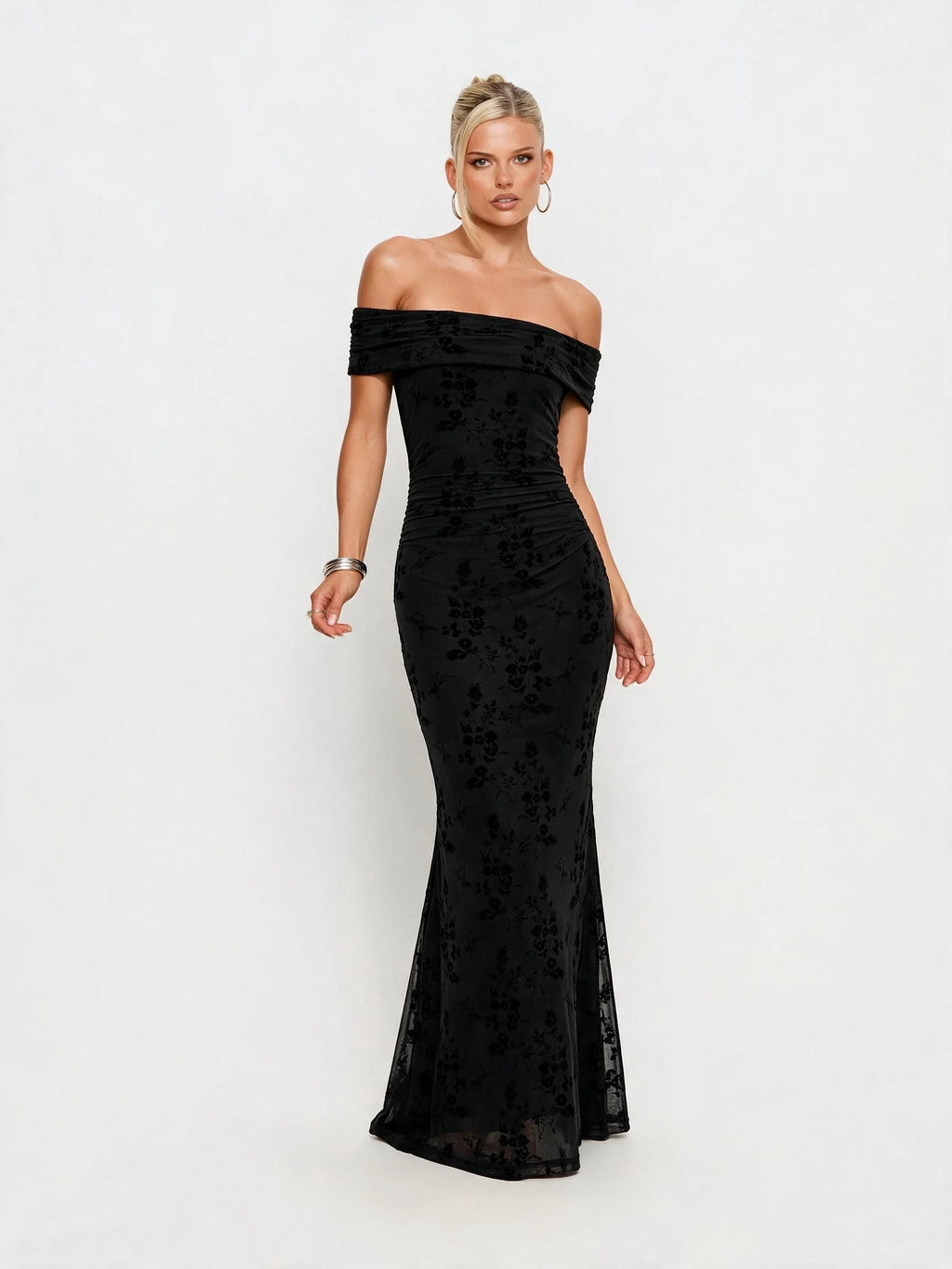 Abito lungo da donna a spalle scoperte con stampa floreale, elegante abito a sirena arricciato, abito aderente estivo da sera per feste, per signore.