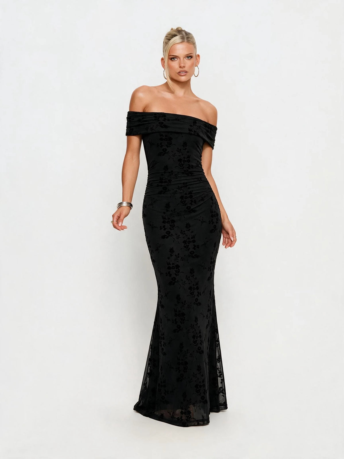 Abito lungo da donna a spalle scoperte con stampa floreale, elegante abito a sirena arricciato, abito aderente estivo da sera per feste, per signore.