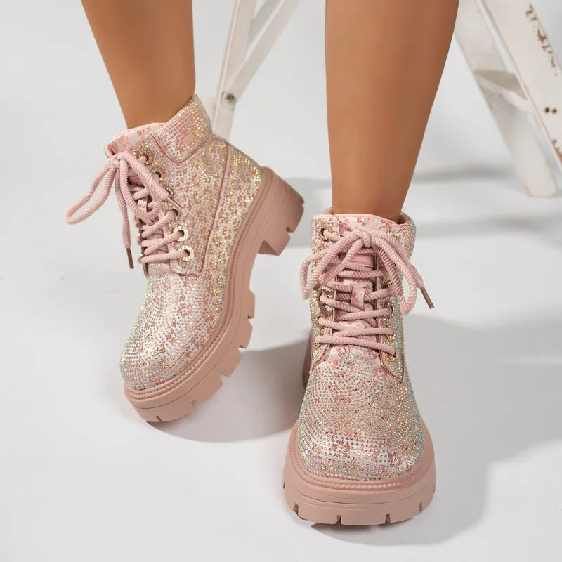 Stivaletti da Donna 2026 di Lusso con Strass e Lacci, Nuovi, Punta Tonda, Suola Spessa, Comodi, Stile Semplice, Scarpe Casual da Donna