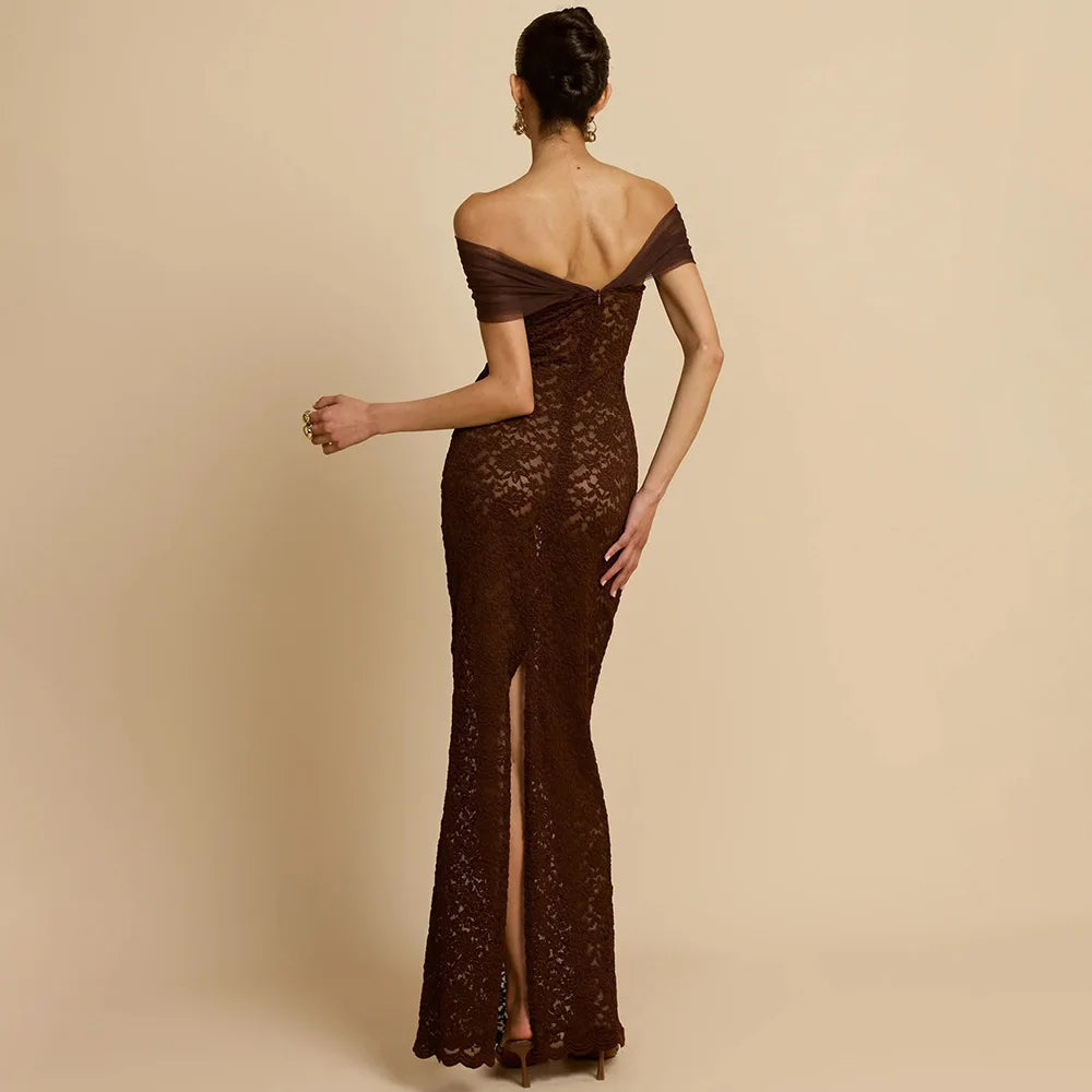 Apprabant Donne 2025 Nuovo Off Spalla Sirena Abito Da Sera Sexy Sheer Lace Patchwork Maglia Sottile Abito Lungo Elegante Partywear