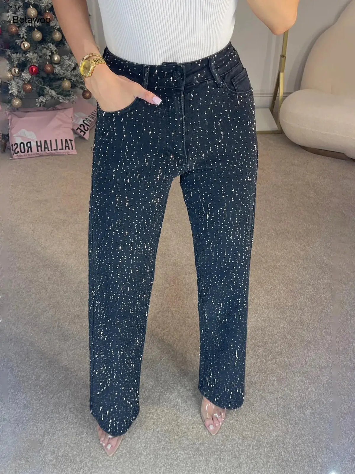 Jeans da Donna a Vita Alta con Strass, Gamba Larga, Lavaggio Chiaro, Pantaloni in Denim Scintillanti a Gamba Dritta