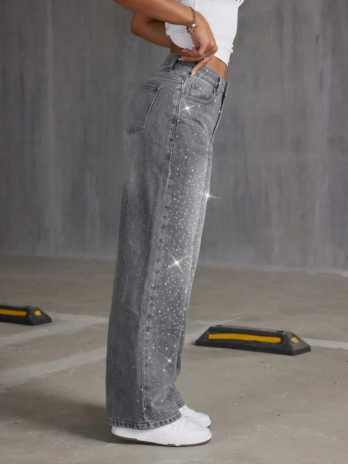 Jeans a Gamba Dritta con Strass Grigi, Pantaloni Lunghi e Larghi, Comodi e Casual in Stile Coreano, Jeans in Denim di Cotone