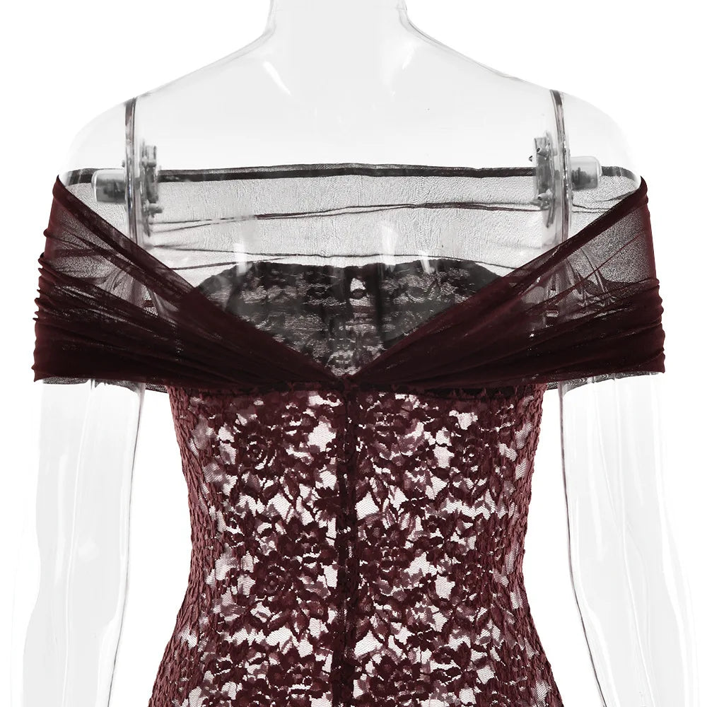 Apprabant Donne 2025 Nuovo Off Spalla Sirena Abito Da Sera Sexy Sheer Lace Patchwork Maglia Sottile Abito Lungo Elegante Partywear