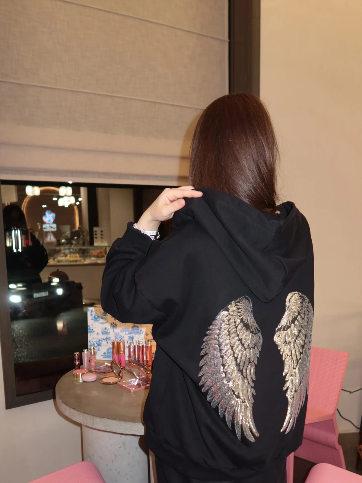 Felpa con cappuccio ricamata con ali con paillettes gotiche Pullover a maniche lunghe larghi oversize da donna Felpe Y2k slim retrò Top vestiti