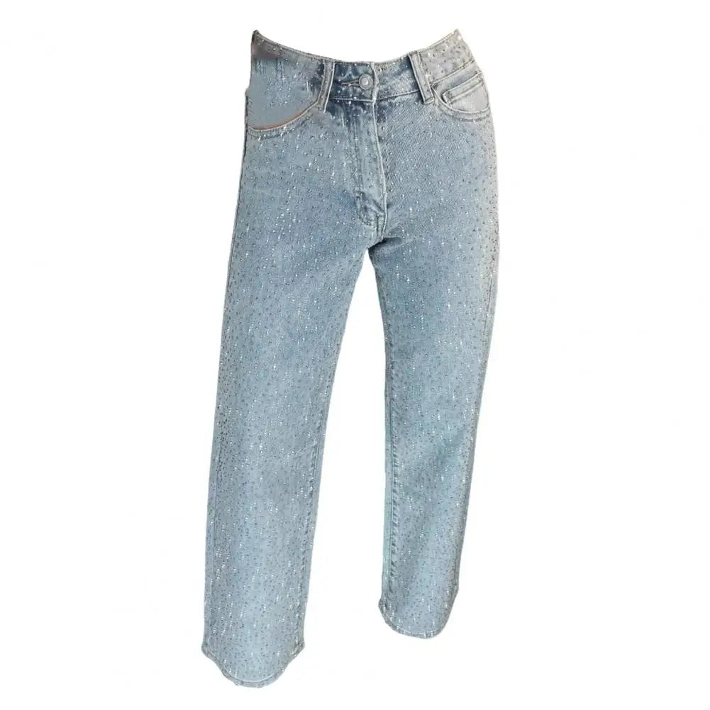 Jeans con perle finte per donna Pantaloni in denim elasticizzato a gamba dritta a vita alta Pantaloni larghi con perline a gamba larga casual Moda streetwear