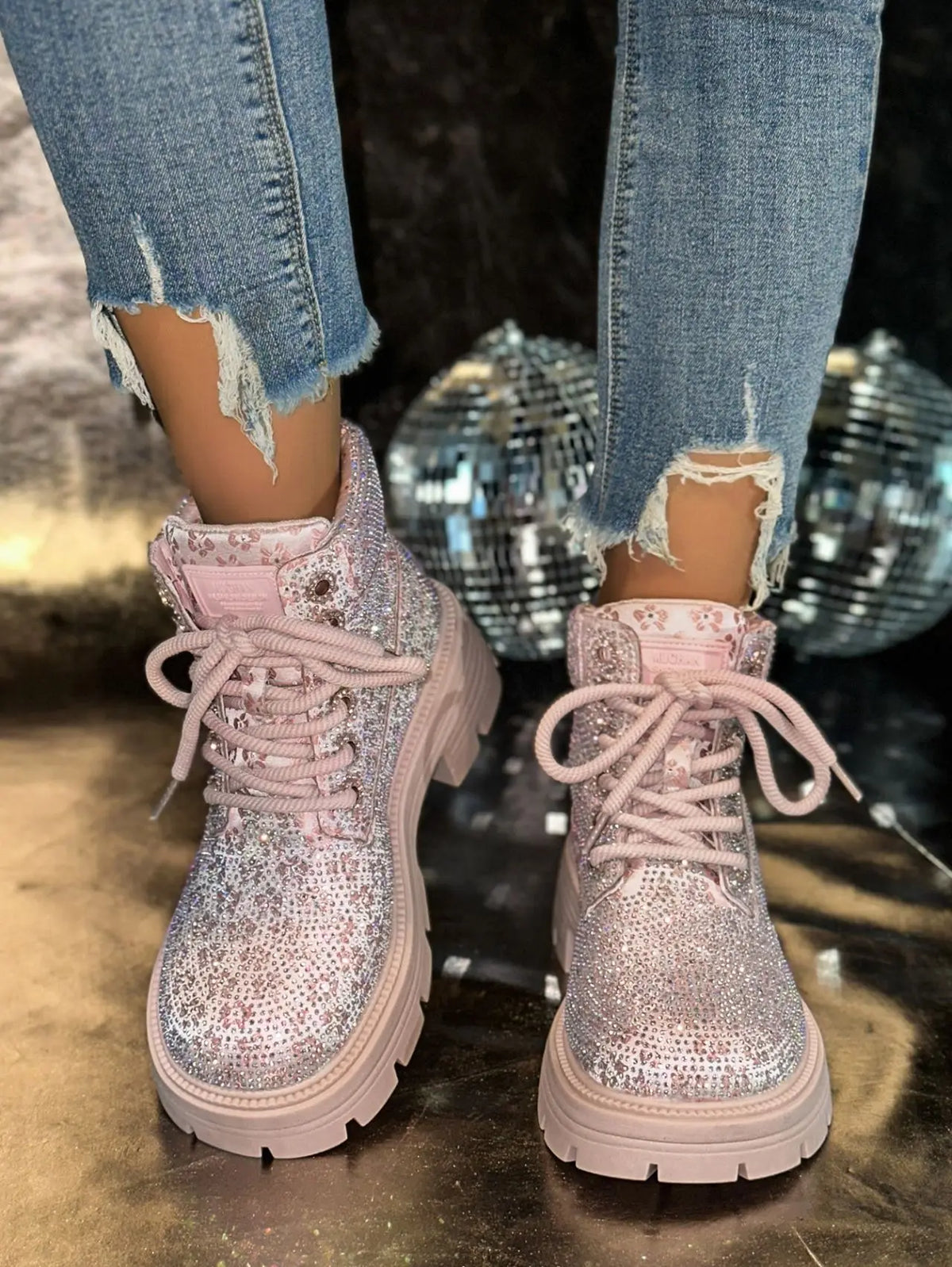 Stivaletti Retrò Autunno Inverno Nuovi con Strass e Lacci Punta Tonda Plateau Scarpe da Donna Taglie Grandi