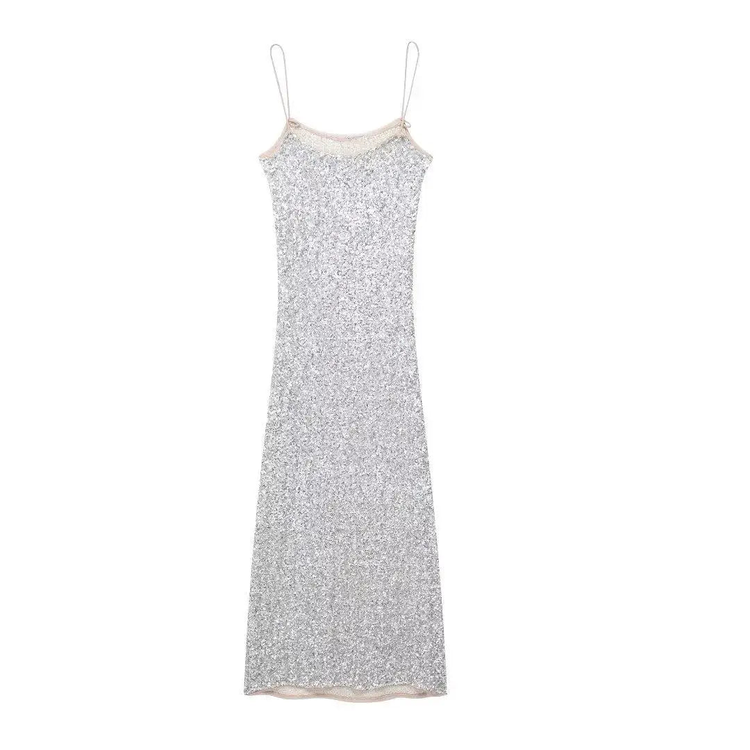 Elegante Abito con Paillettes da Donna Primavera Estate 2026, Vestito Senza Maniche con Scollo a Barca, Abito da Festa Scintillante, Dolce Abito da Ufficio Argento