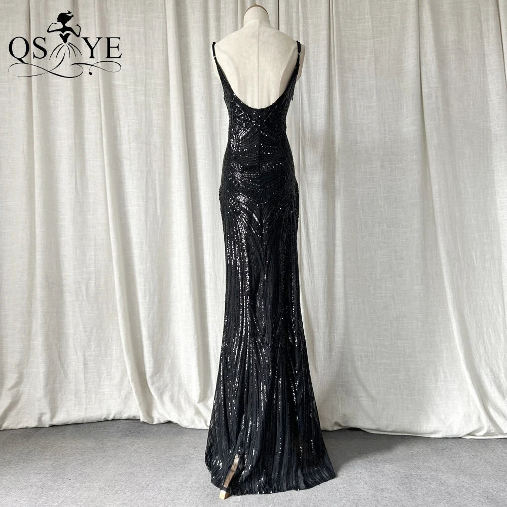 Abito da sera lungo nero semplice con paillettes, modello a sirena, spalline sottili, scollo a V, senza schienale, elegante per feste