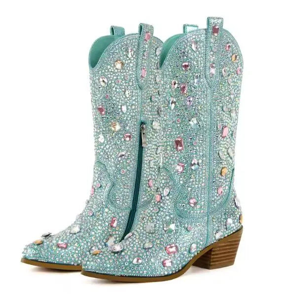 Stivaletti da Donna Stile Western con Strass e Gemme, Punta Rotonda, Neri e Blu, Stivali alla Moda con Cristalli