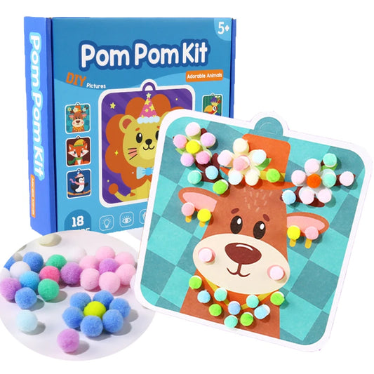 Handmade Material Children's Sticker Book Educational Early Learning Animal Pompom Art Kit Cartoon Montessori Pompom Crafts Toy