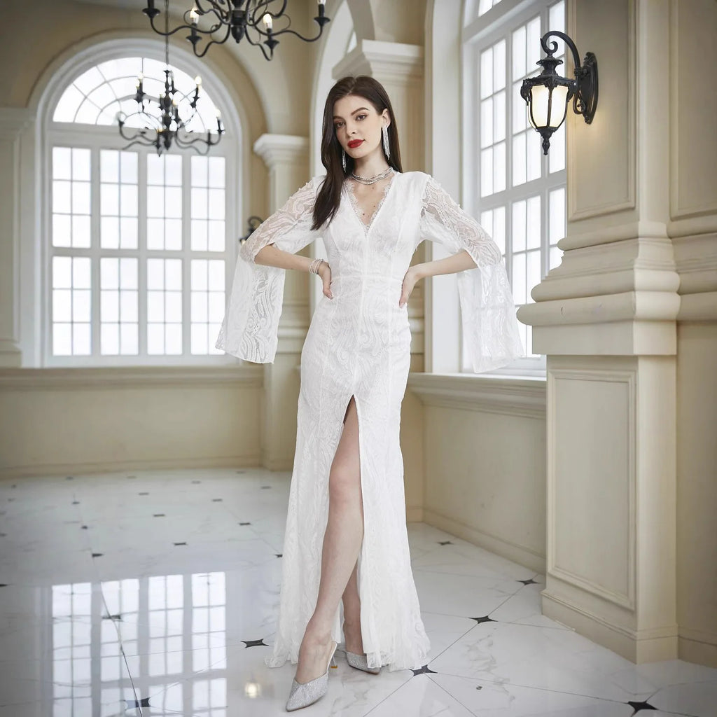 Abito in Pizzo da Donna Primavera Estate, Vestito da Damigella d'Onore, Abito da Sera per Ospiti di Matrimonio, Manica Lunga, Scollo a V, Aderente, Bordeaux