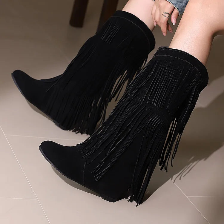 Ochanmeb stivali con frange Western rosso vino per donna stivali con tacco rialzato giallo nappe nere senza Zip scarpe da donna calde e larghe al polpaccio