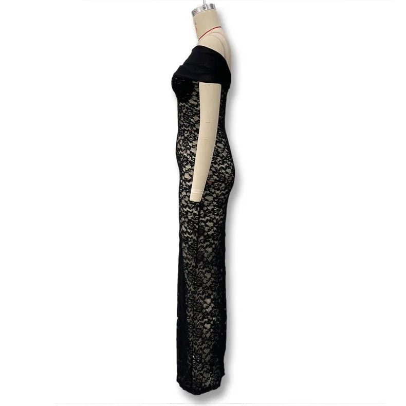 Abito lungo elegante da sera per damigella d'onore, sexy e alla moda, con scollo asimmetrico a spalla scoperta, in rete e con dettaglio avvolgente sui glutei.