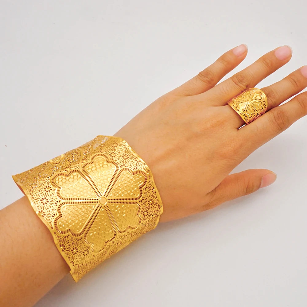 Bracciale color oro Dubai con anello per donna Bracciale con polsino a catena con ciondoli Bracciale indiano Arabo Francia Regali di gioielli da sposa