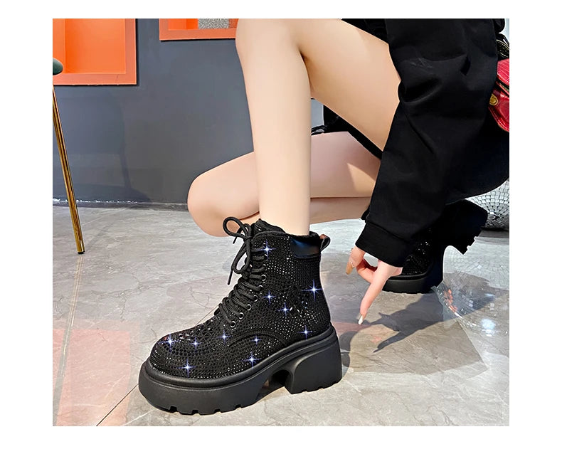 Stivaletti corti con diamanti con paillettes Donna Autunno Inverno Moda di lusso Stivali alti con tacco spesso Stivali stringati Scarpe casual da festa all'aperto