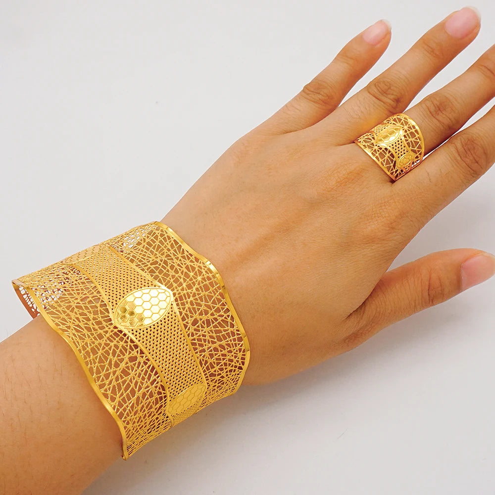 Bracciale color oro Dubai con anello per donna Bracciale con polsino a catena con ciondoli Bracciale indiano Arabo Francia Regali di gioielli da sposa