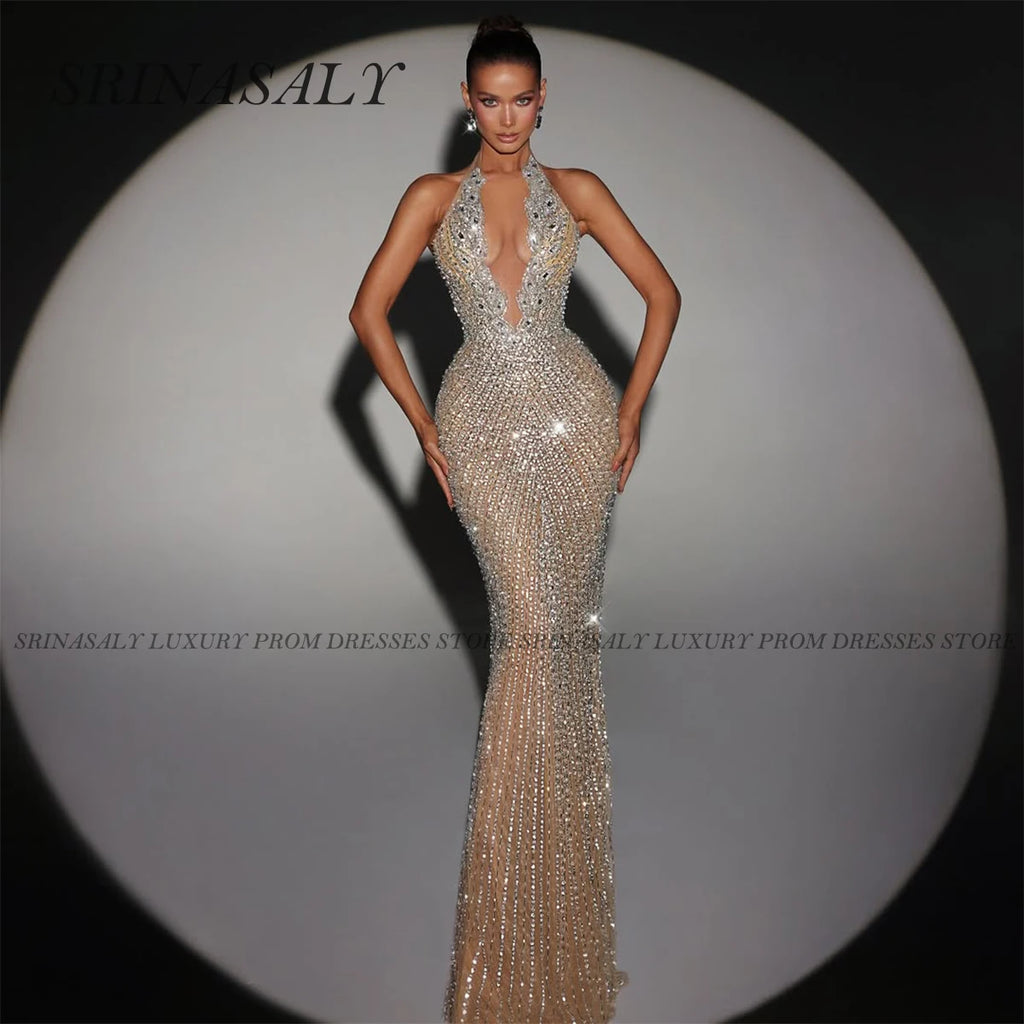 Abiti da sera da donna con diamanti di lusso che bordano cristalli Abito da cerimonia nuziale Abito da ballo formale senza maniche Abiti personalizzati
