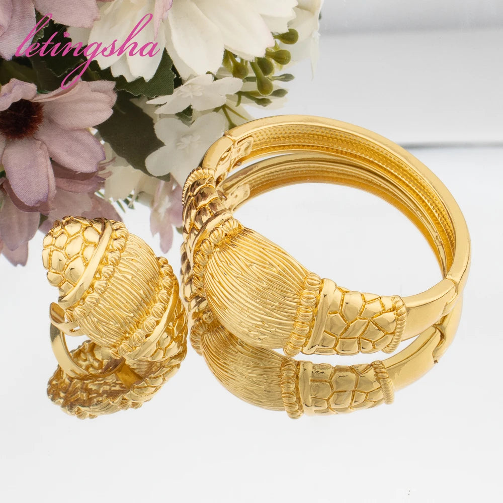 Colore oro rotondo Design spazzolato polsino braccialetto anello Set gioielli di moda Set per le donne nuovo Design braccialetto matrimoni gioielli da sposa
