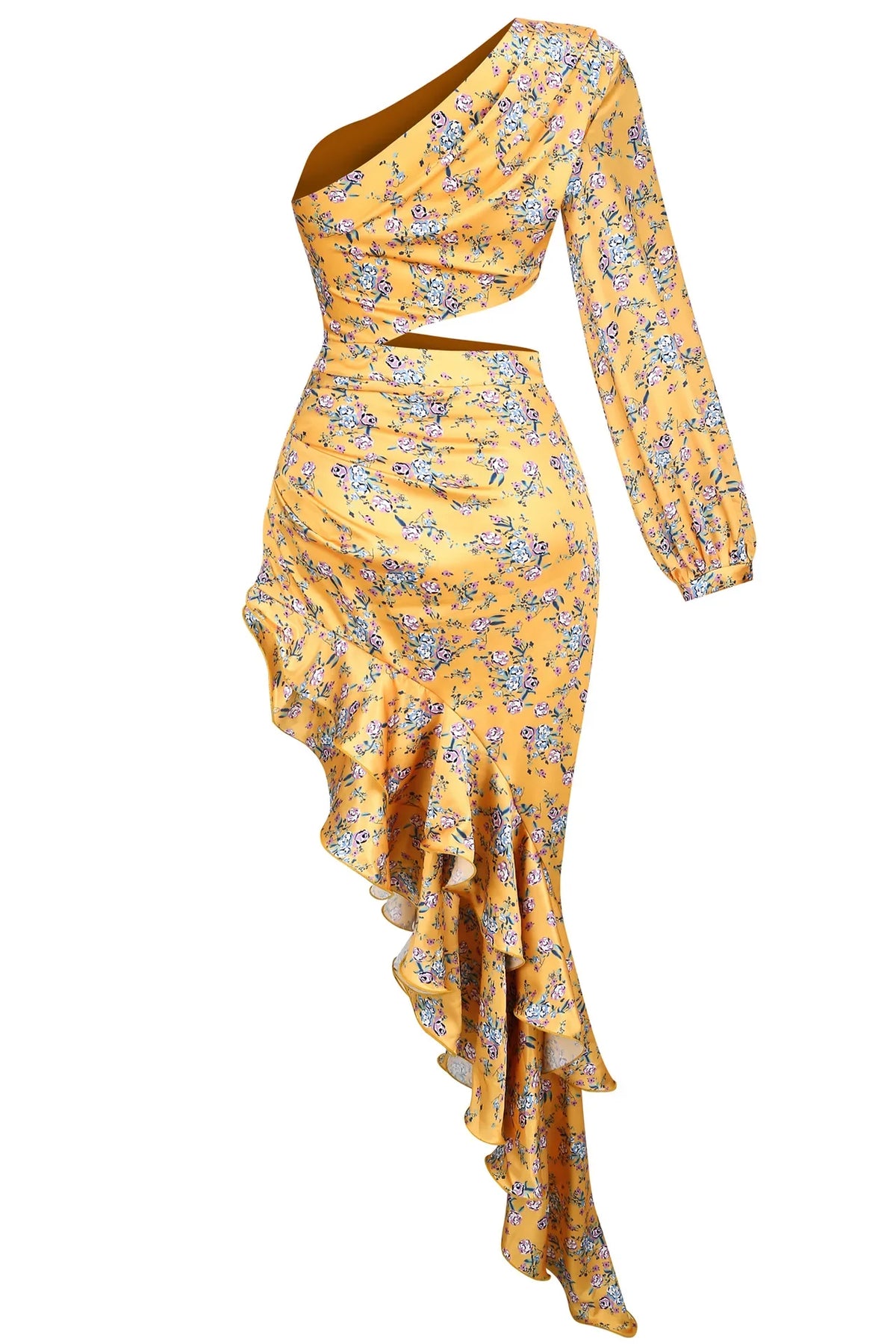 Abito Elegante e Sexy con Stampa Floreale, Orlo Asimmetrico, Collo Alto, Maniche a Palloncino, Lunghezza al Ginocchio