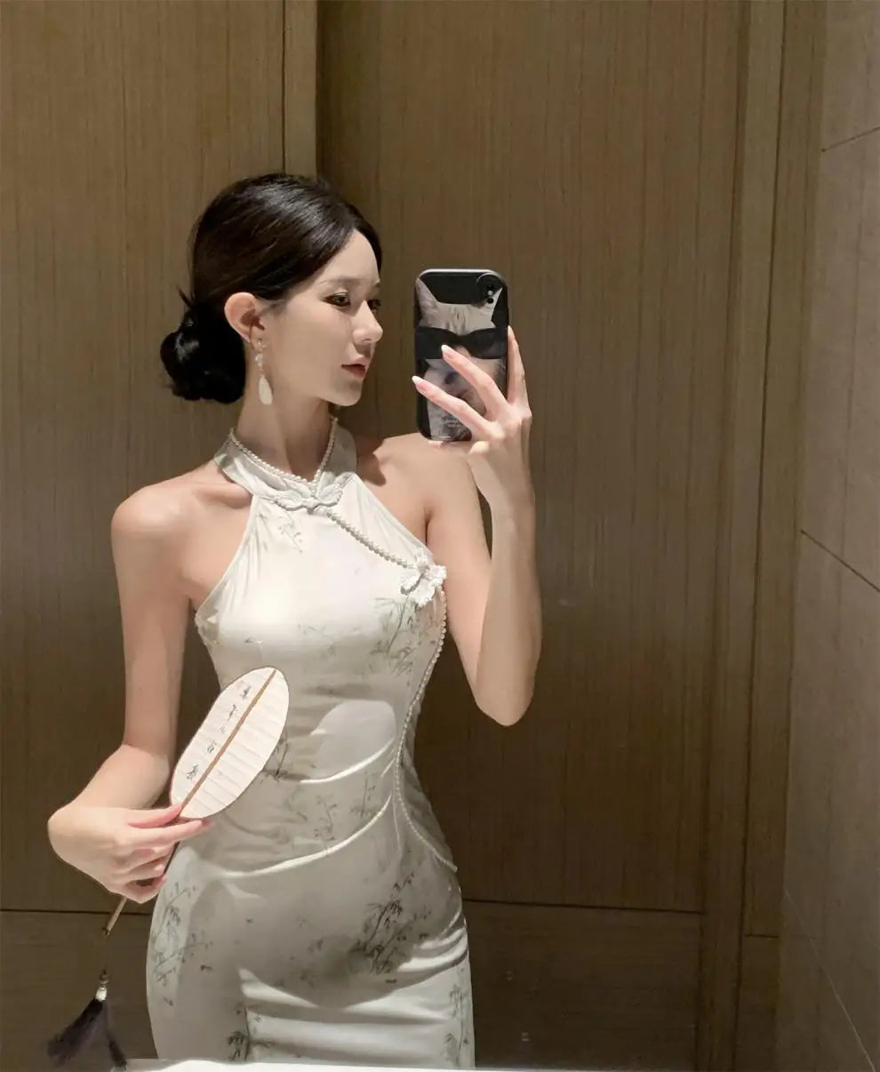 Abito lungo a vita alta senza maniche, stile retrò, con perline, modello cheongsam migliorato, aderente e snellente, per il tempo libero e il commuting.