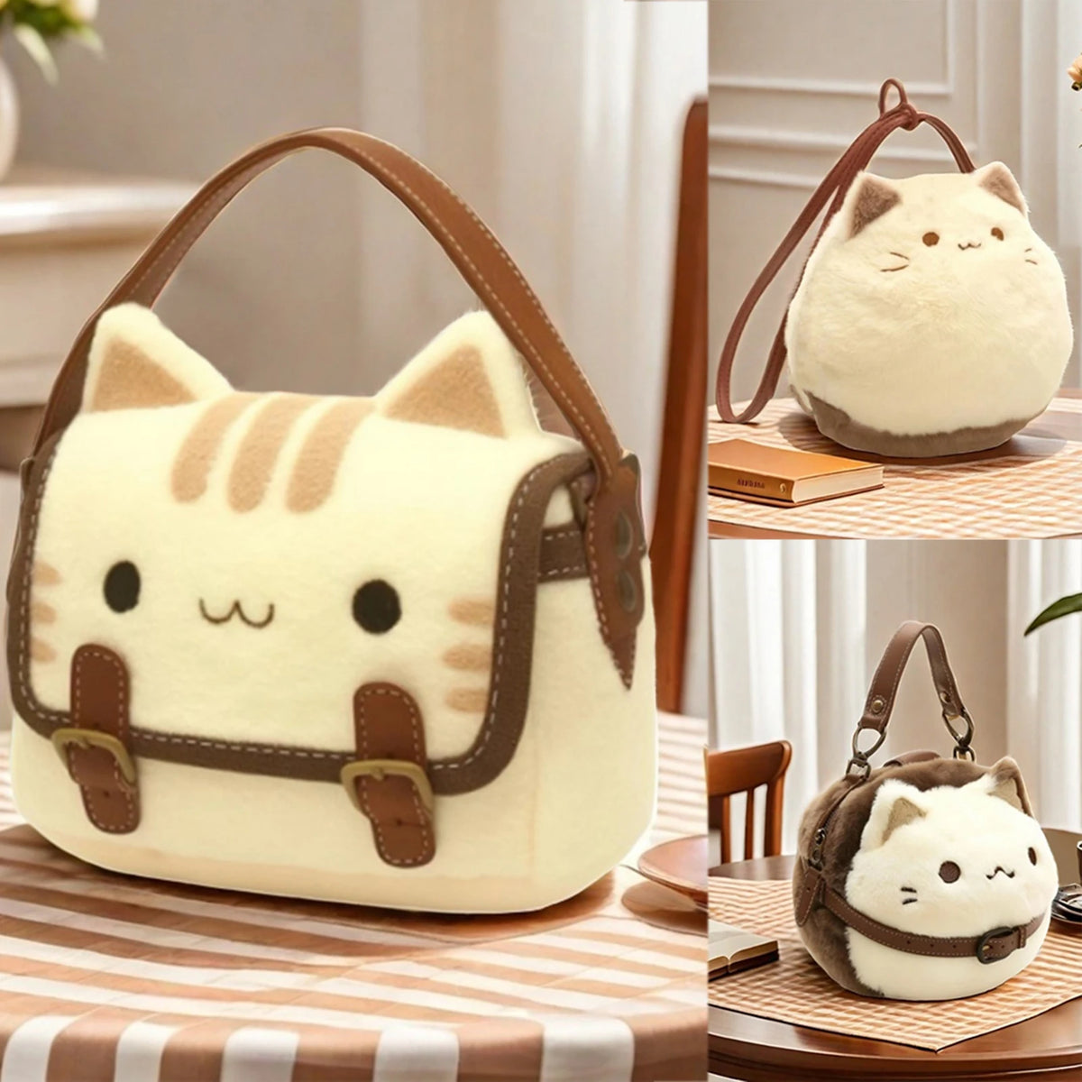 Cute Plush Cat Handbag Adorable Stuffed Animal Hand-Made Backpack Large Capacity Shoulder Bag Cartoon Daypack For Kids Girls