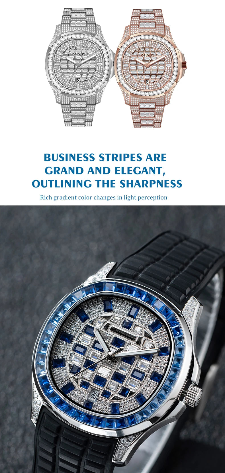 OBLVLO Orologio Automatico da Uomo alla Moda con Quadrante Impreziosito da Cristalli, Display Data, Lunetta con Pietre Baguette, Cinturino in Gomma FM-DSL
