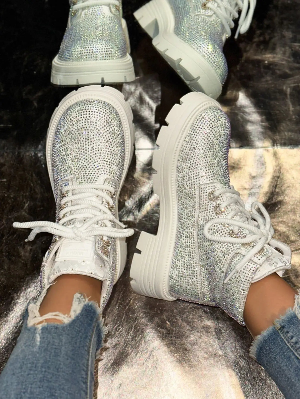 Stivaletti Retrò Autunno Inverno Nuovi con Strass e Lacci Punta Tonda Plateau Scarpe da Donna Taglie Grandi