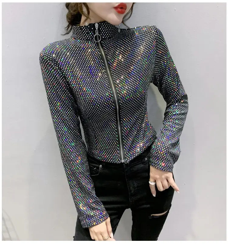 Giacca Autunnale da Donna, Nuova Giacca Corta con Paillettes, Moda Femminile, Manica Lunga, Design Elegante, Camicia Sexy