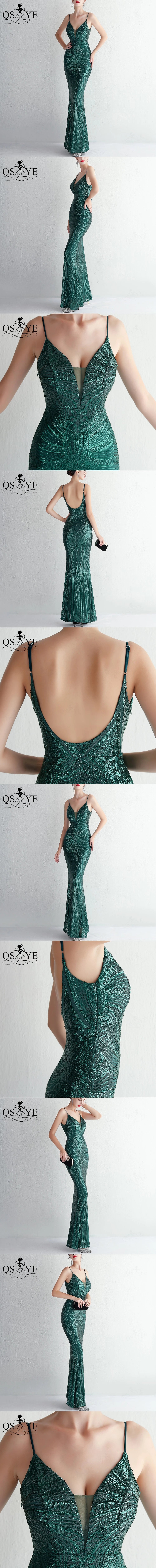 Abito da sera lungo nero semplice con paillettes, modello a sirena, spalline sottili, scollo a V, senza schienale, elegante per feste