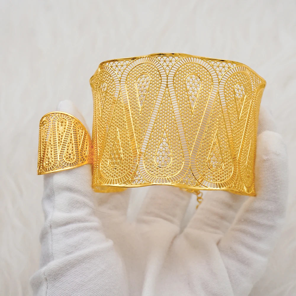 Bracciale color oro Dubai con anello per donna Bracciale con polsino a catena con ciondoli Bracciale indiano Arabo Francia Regali di gioielli da sposa