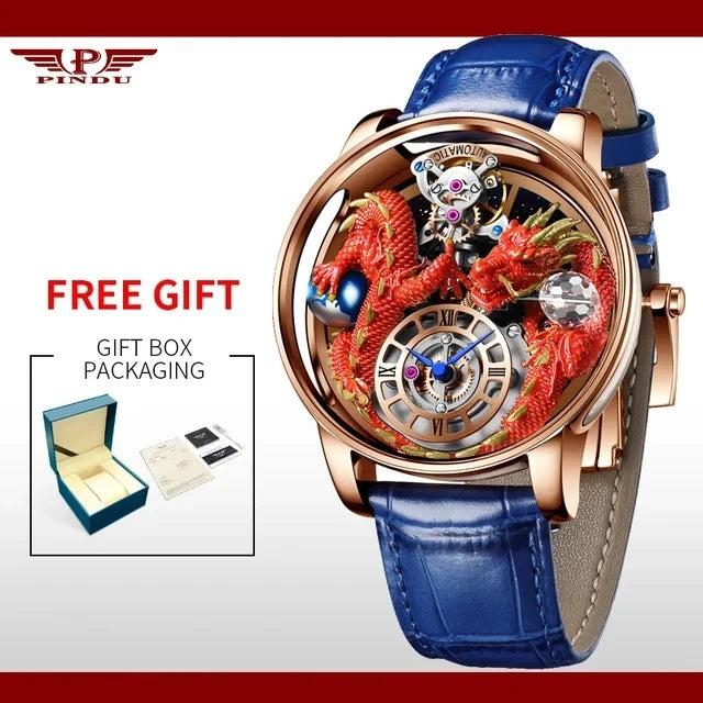 2024 PINDUCelestial Series orologio da uomo Traditionnelle Artisanat Dragon orologio al quarzo specchio curvo orologio dal Design completamente trasparente