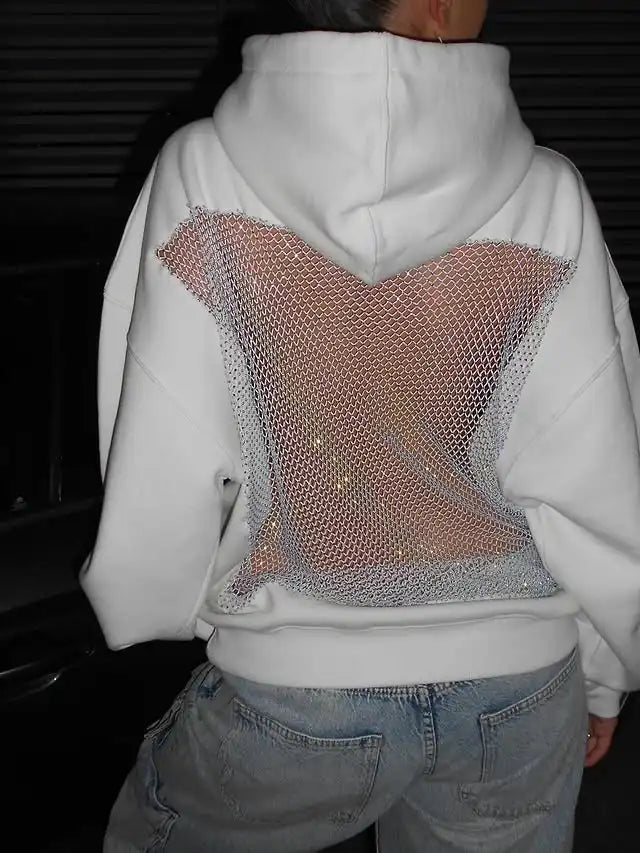 Felpa con cappuccio con strass e rivetti con ali d'angelo alla moda da donna gotica Y2K Abbigliamento Felpa oversize allentata casual Giacca pullover casual