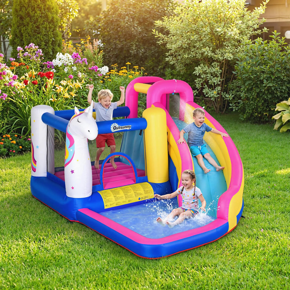 Castillo hinchable unicornio con soplador, tobogán, piscina y canasta de baloncesto 360x305x210cm