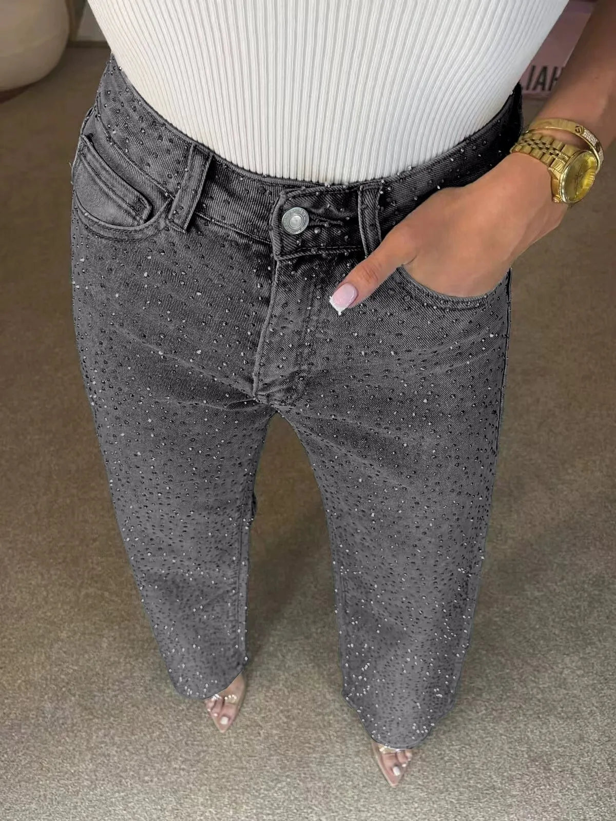 Jeans da Donna a Vita Alta con Strass, Gamba Larga, Lavaggio Chiaro, Pantaloni in Denim Scintillanti a Gamba Dritta