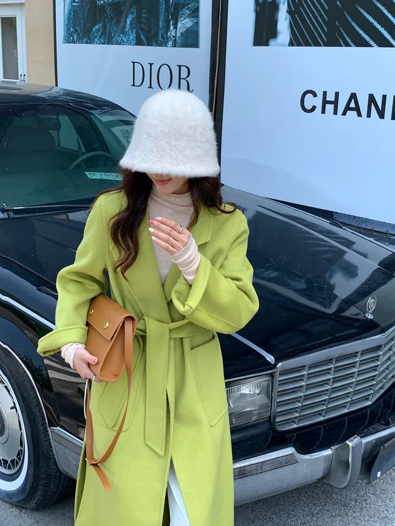2024 Donne di Inverno di Lusso Fatti A Mano Cappotti di Lana Double Face 100% X-Lunghi Cappotti di Design Coreano Delle Donne Della Tuta Sportiva Cappotti Rosa