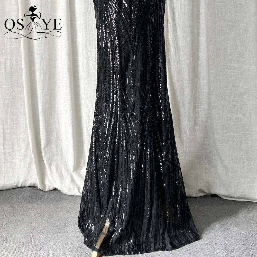 Abito da sera lungo nero semplice con paillettes, modello a sirena, spalline sottili, scollo a V, senza schienale, elegante per feste