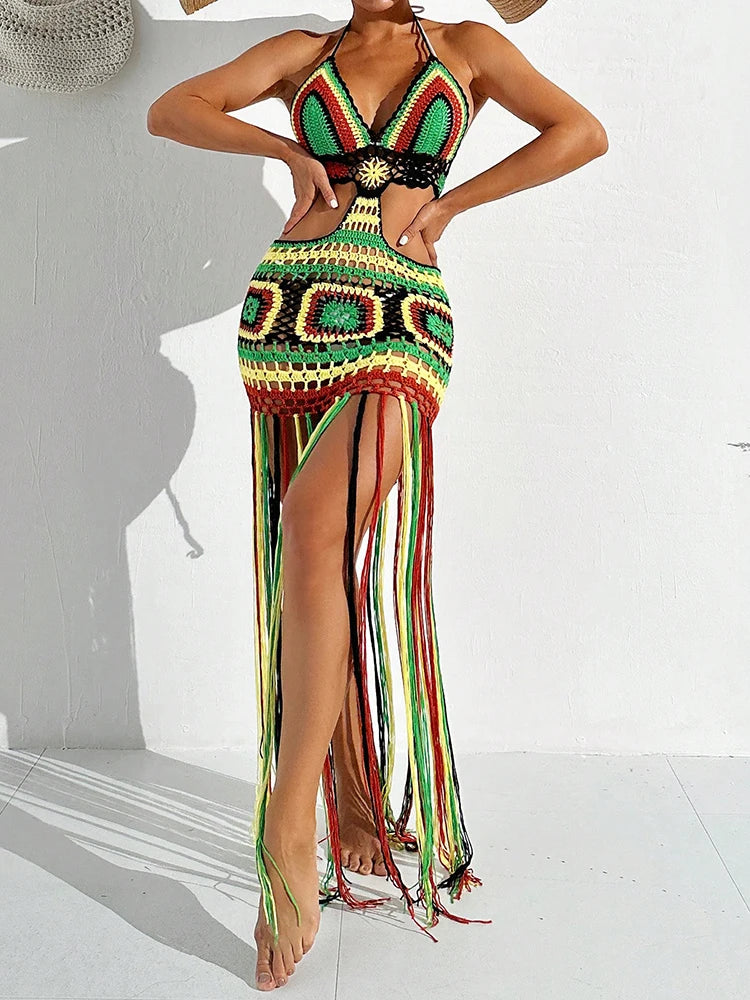 Copricostume da donna estivo all'uncinetto con scollo a V profondo, costume da bagno multicolore, bikini lungo con nappa, abito in maglia, copricostume, costumi da bagno senza schienale
