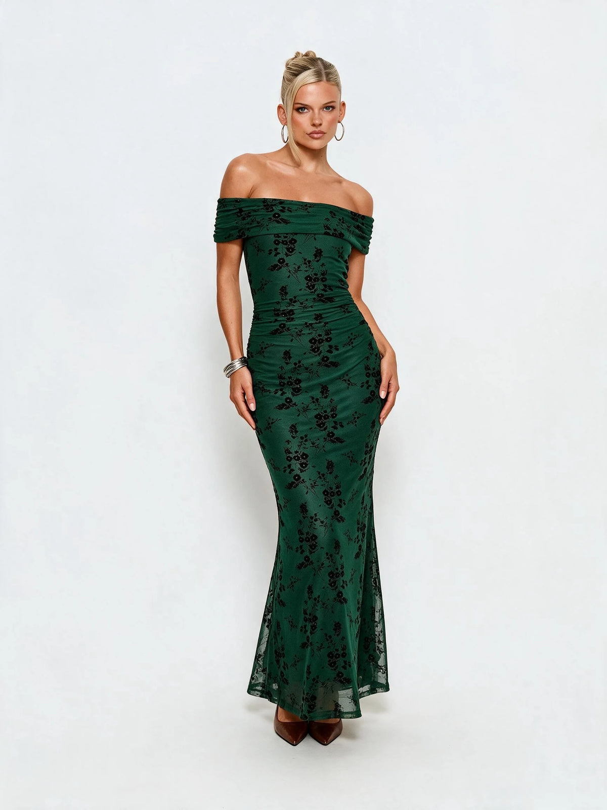 Abito lungo da donna a spalle scoperte con stampa floreale, elegante abito a sirena arricciato, abito aderente estivo da sera per feste, per signore.