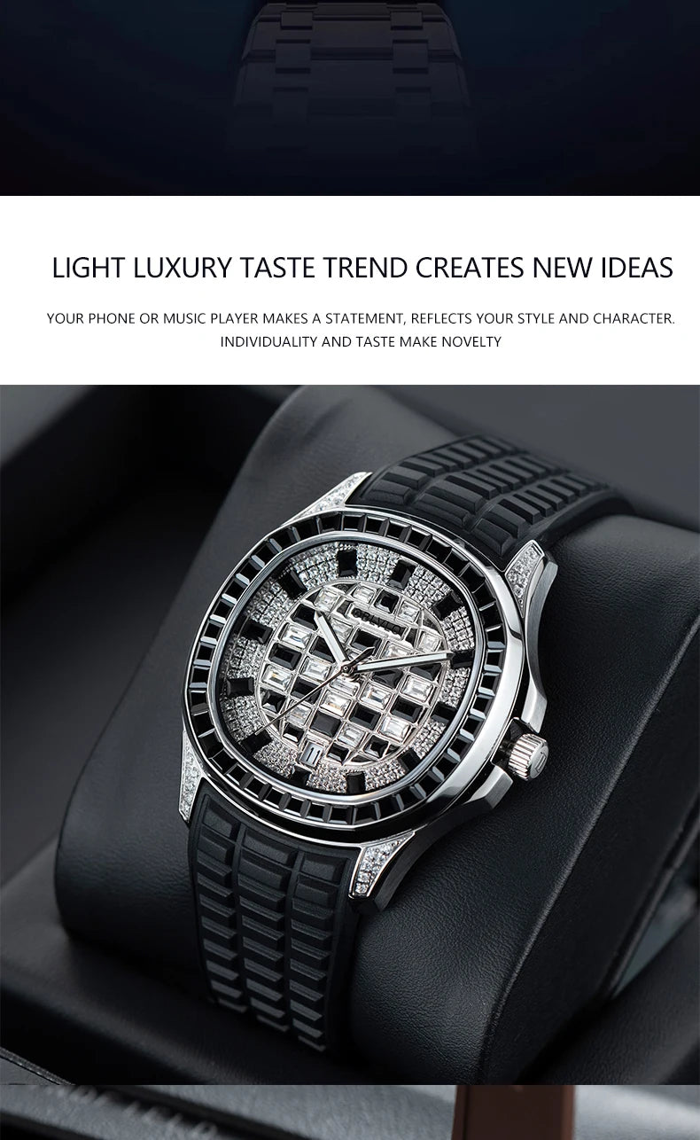 OBLVLO Orologio Automatico da Uomo alla Moda con Quadrante Impreziosito da Cristalli, Display Data, Lunetta con Pietre Baguette, Cinturino in Gomma FM-DSL